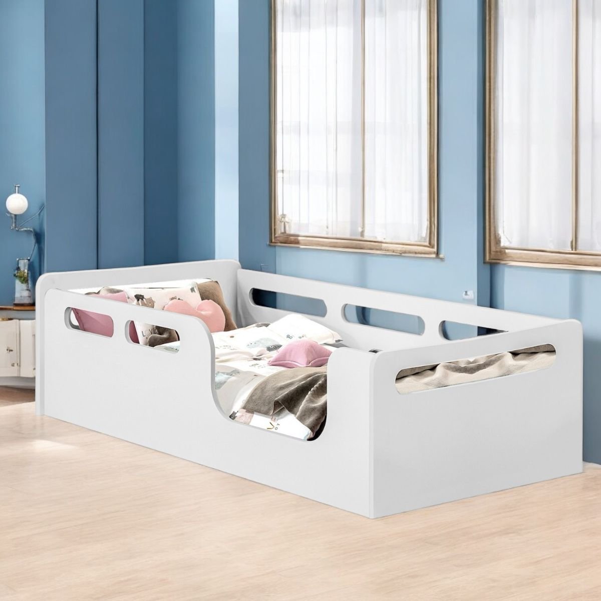 Cama Infantil Montessoriana Solteiro Grade Proteção Conforto:branco - 2