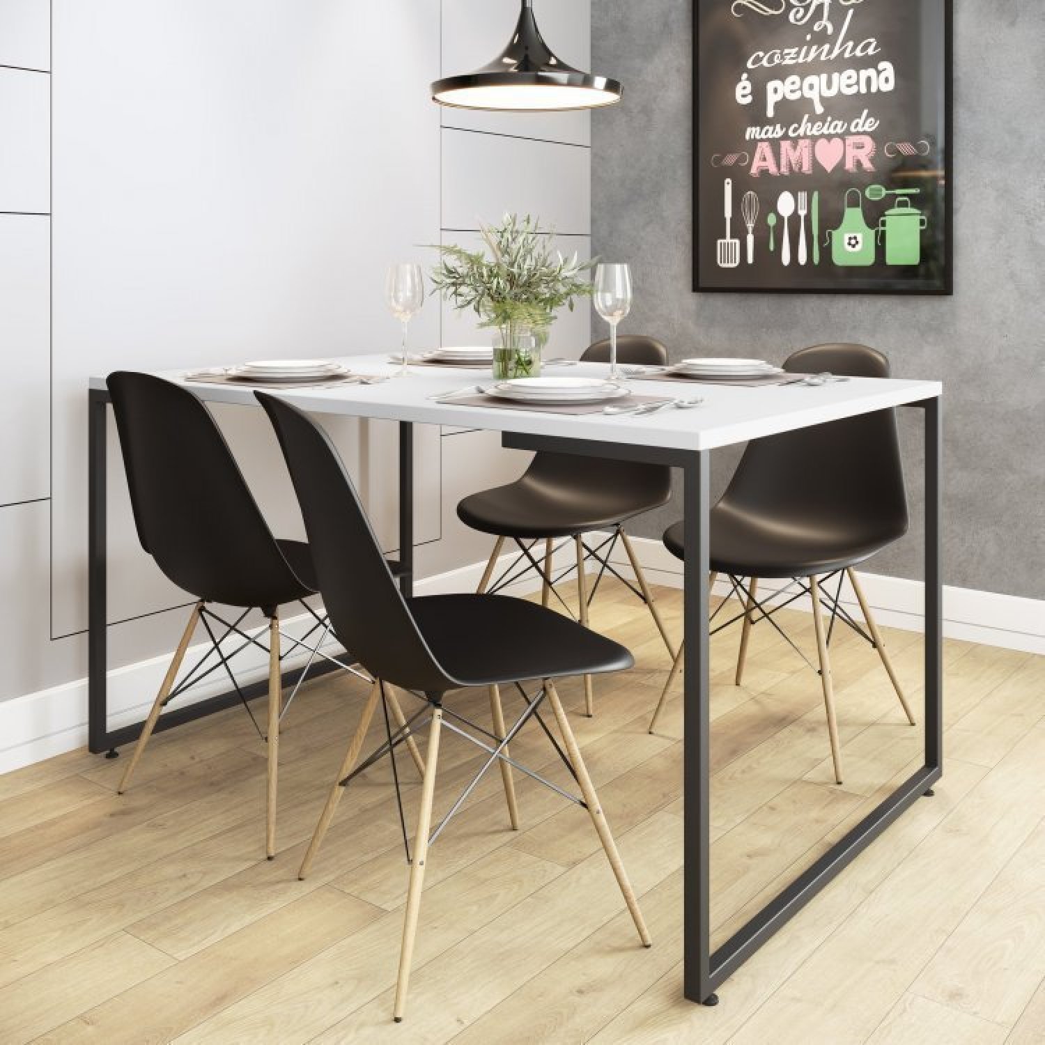Conjunto Mesa de Jantar Industrial com 4 Cadeiras Base Madeira Eames Espresso Móveis - 1