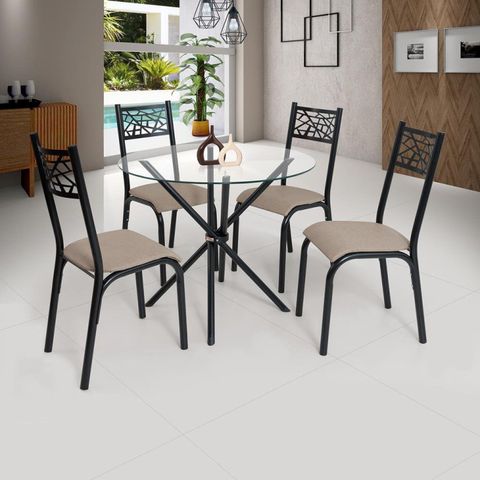 Conjunto Sala de Jantar Mesa Jade 90cm Tampo Vidrocom 4 Cadeiras Bege/Preto/Linho