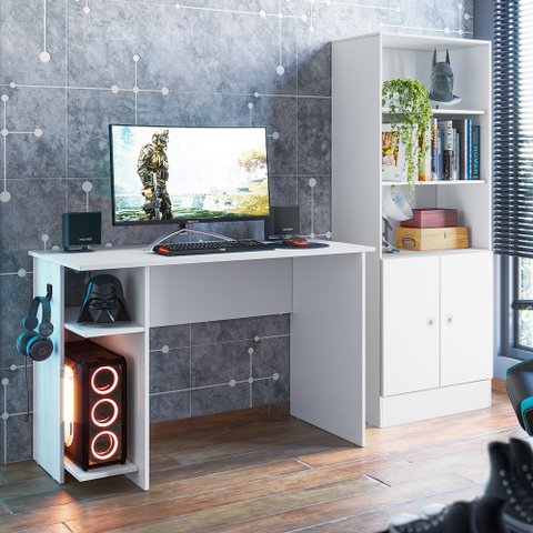 Conjunto 2 Peças Mesa Escritório Gamer e Armário 2 Portas 5 Prateleiras Espresso Móveis Branco