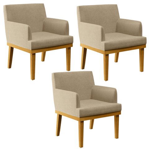 Kit 3 Poltronas Decorativas Para Sala de Estar e Recepção Beatriz W01 Linho Bege Escuro - Lyam