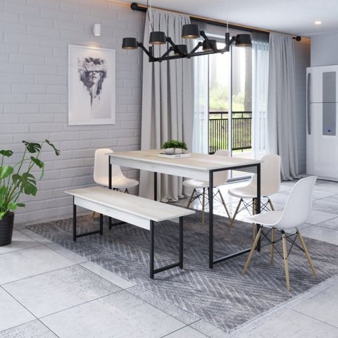 Conjunto Mesa de Jantar com 1 Banco e 4 Cadeiras Eames Base Madeira Espresso Móveis Branco