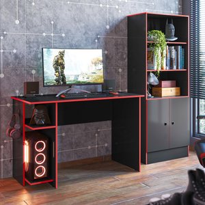 Kit 2 Peças Mesa Escritório/Gamer e Armário 2 Portas 5 Prateleiras Espresso Móveis