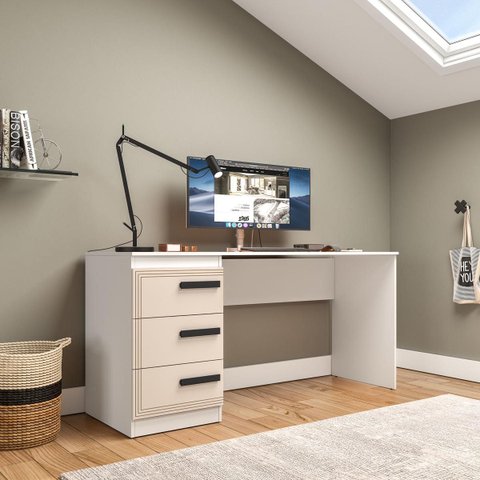 Mesa Escrivaninha Valência Home Office 3 Gavetas 163x77cm Creme/Branco 250693