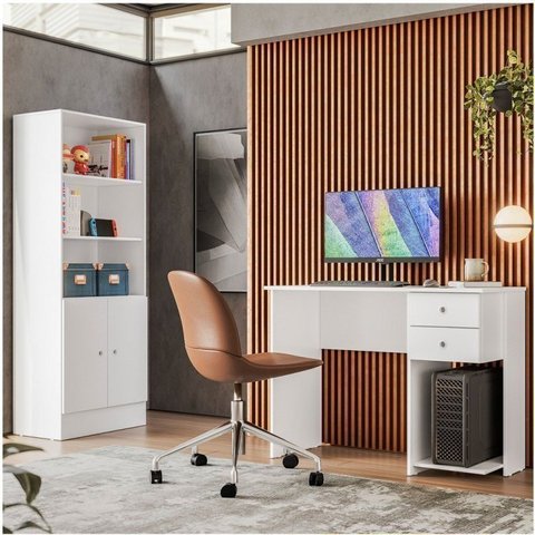 Conjunto 2 Peças 1 Escrivaninha 2 Gavetas e 1 Armário Gamer 2 Portas Espresso Móveis Branco