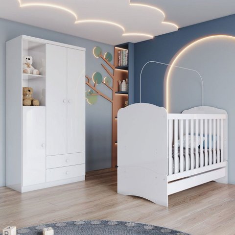 Quarto de Bebê Completo Bala de Menta 3 Portas 2 Gavetas Branco - Henn