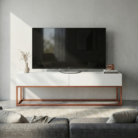 Rack Eros 140cm Minimalista e Moderno com 2 Gavetas Organizadoras e Base Metálica:branco/cobre