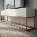 Ver imagem 2 de Rack Eros 140cm Minimalista e Moderno com 2 Gavetas Organizadoras e Base Metálica:branco/cobre