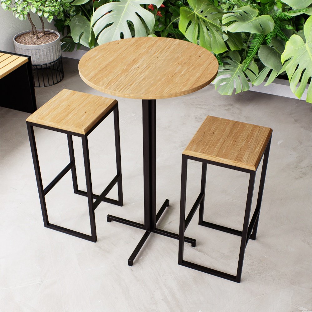 Conjunto Mesa Alta Bar Bistrô Redonda Pinus 2 Bancos Industrial Black Don Castro Decor Industrial Pr
