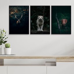Kit 3 Quadros Animais- Vida Selvagem 45x34cm:madeira Preta - 2