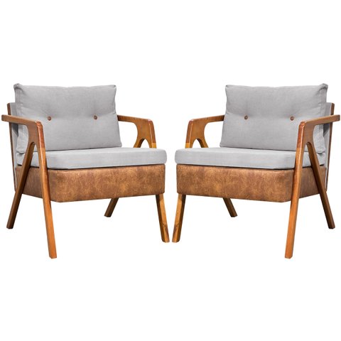 Kit 2 Poltronas Laura Moderna Corino e Linho Cores Pé Castanho