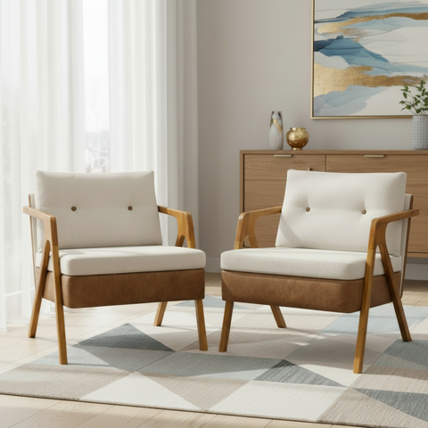 Kit 2 Poltronas Decorativas para Sala Recepção Laura Linho Braço Madeira Corino Peroba Exclusiva
