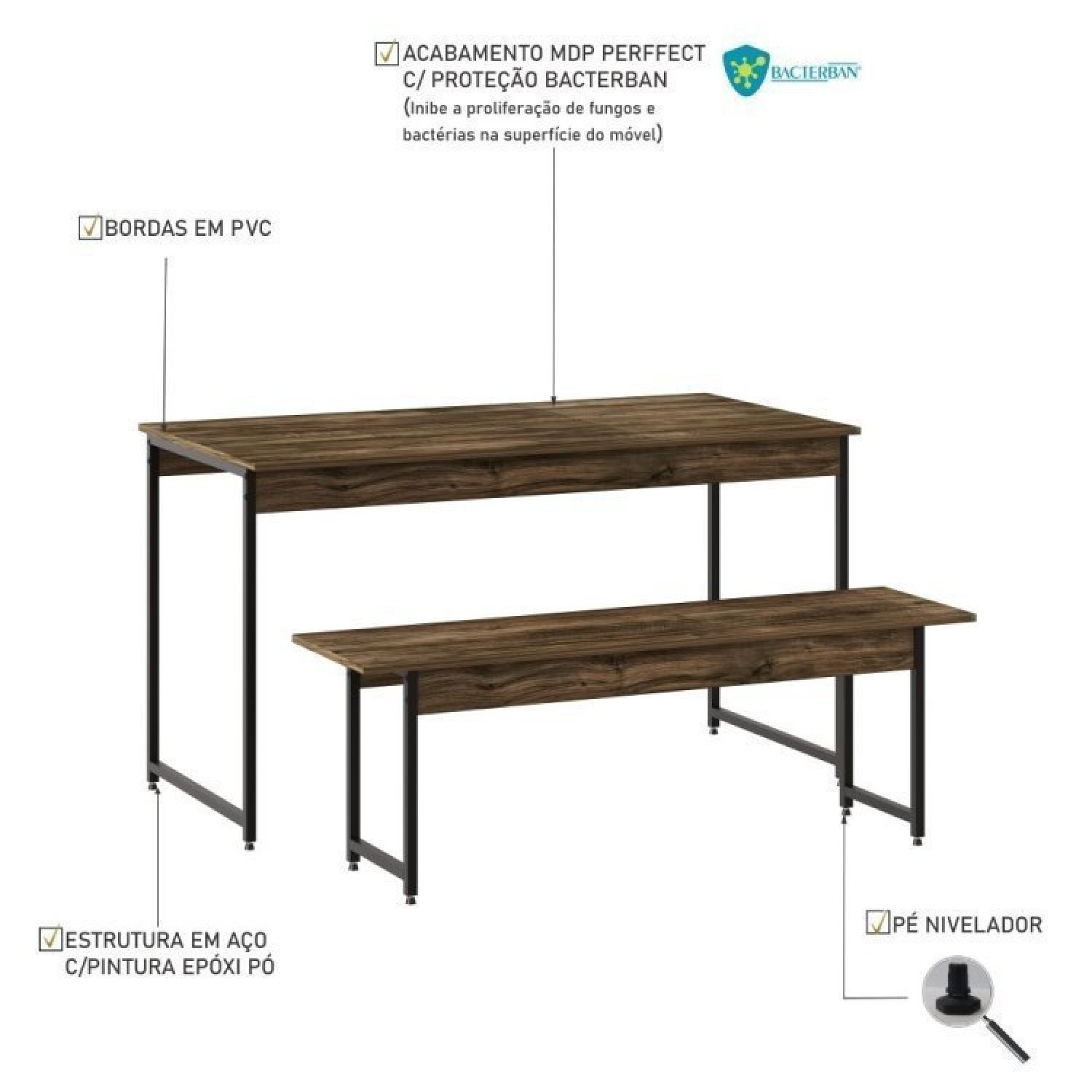 Conjunto Mesa de Jantar com 1 Banco e 4 Cadeiras Eames Base Madeira Espresso Móveis - 3