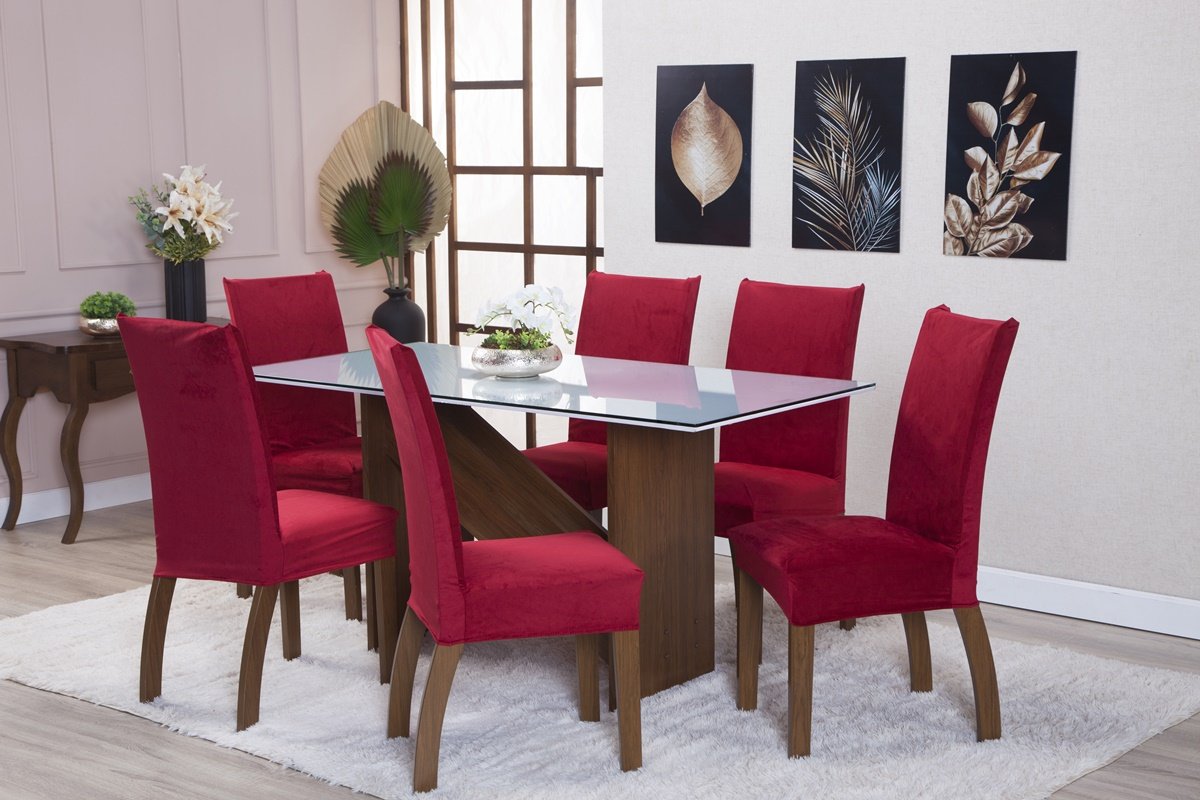 Kit Capa de Cadeira 2 Peças Suede Veludo Sala de Jantar Protege o Estofado Renova o Visual Vermelho - 1
