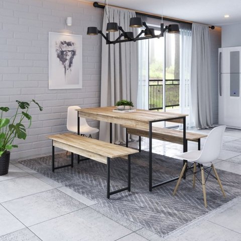 Conjunto Mesa de Jantar com 2 Banco e 2 Cadeiras Eames Base Madeira Yescasa Marrom/Carvalho
