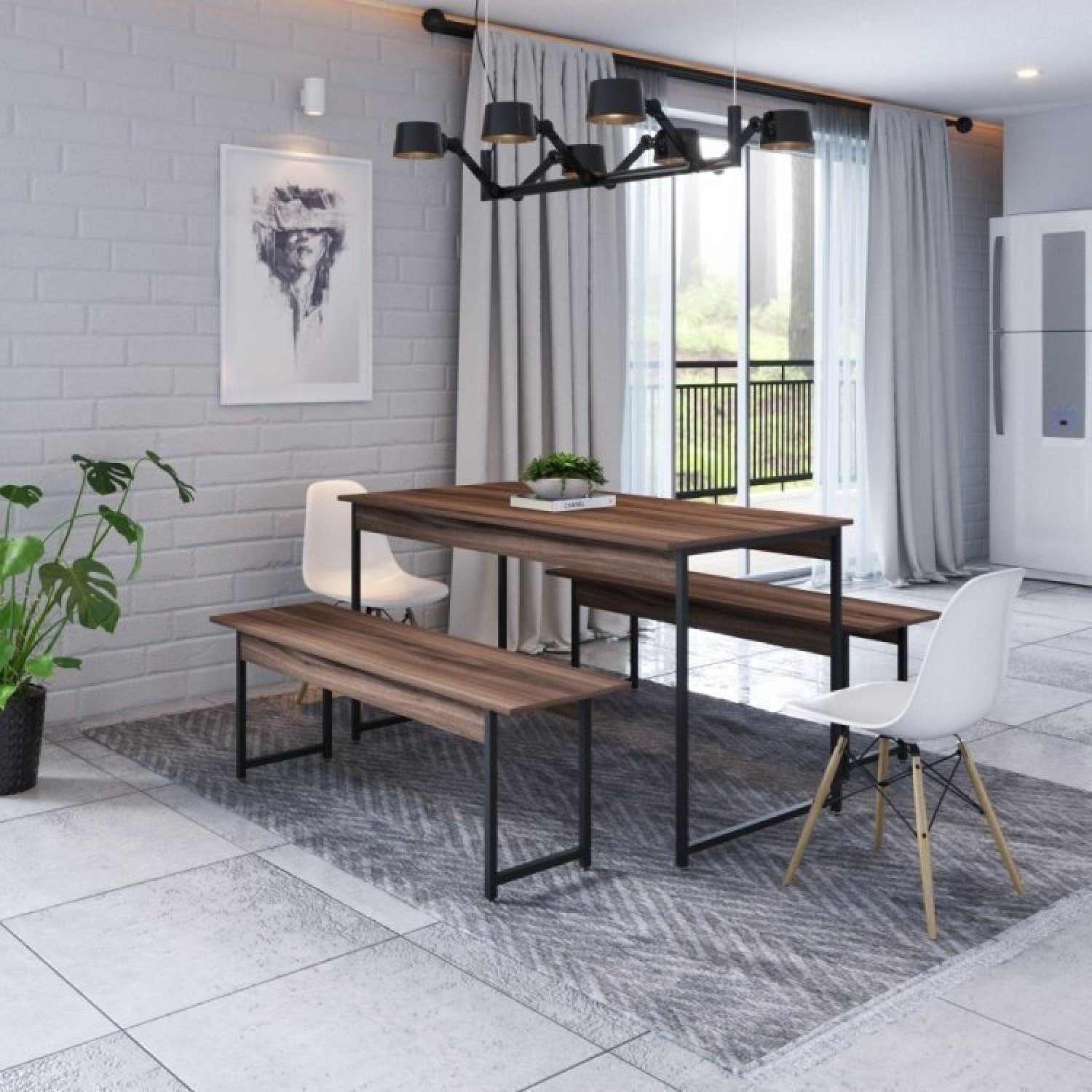 Conjunto Mesa de Jantar com 2 Banco e 2 Cadeiras Eames Base Madeira Espresso Móveis - 1