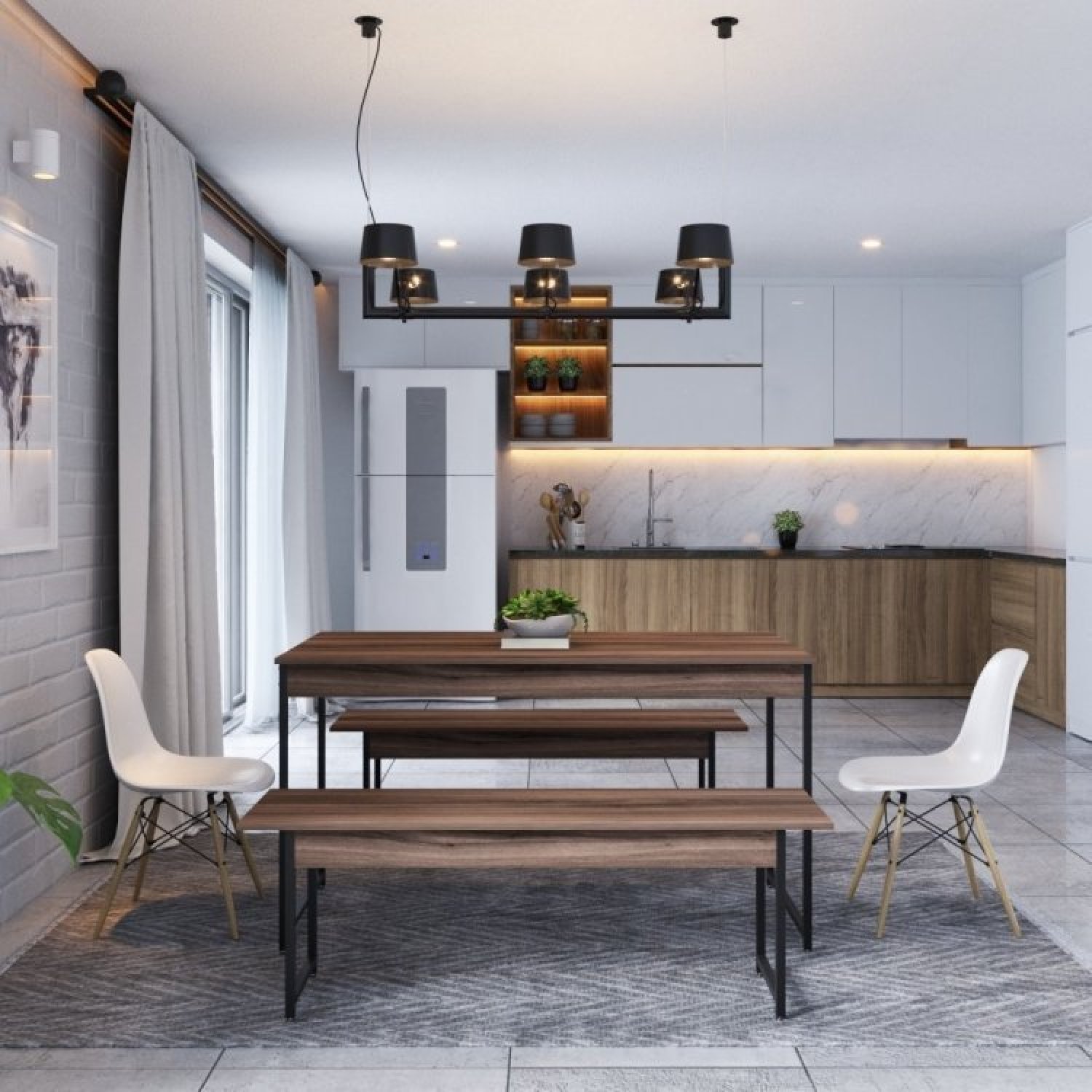 Conjunto Mesa de Jantar com 2 Banco e 2 Cadeiras Eames Base Madeira Espresso Móveis - 2