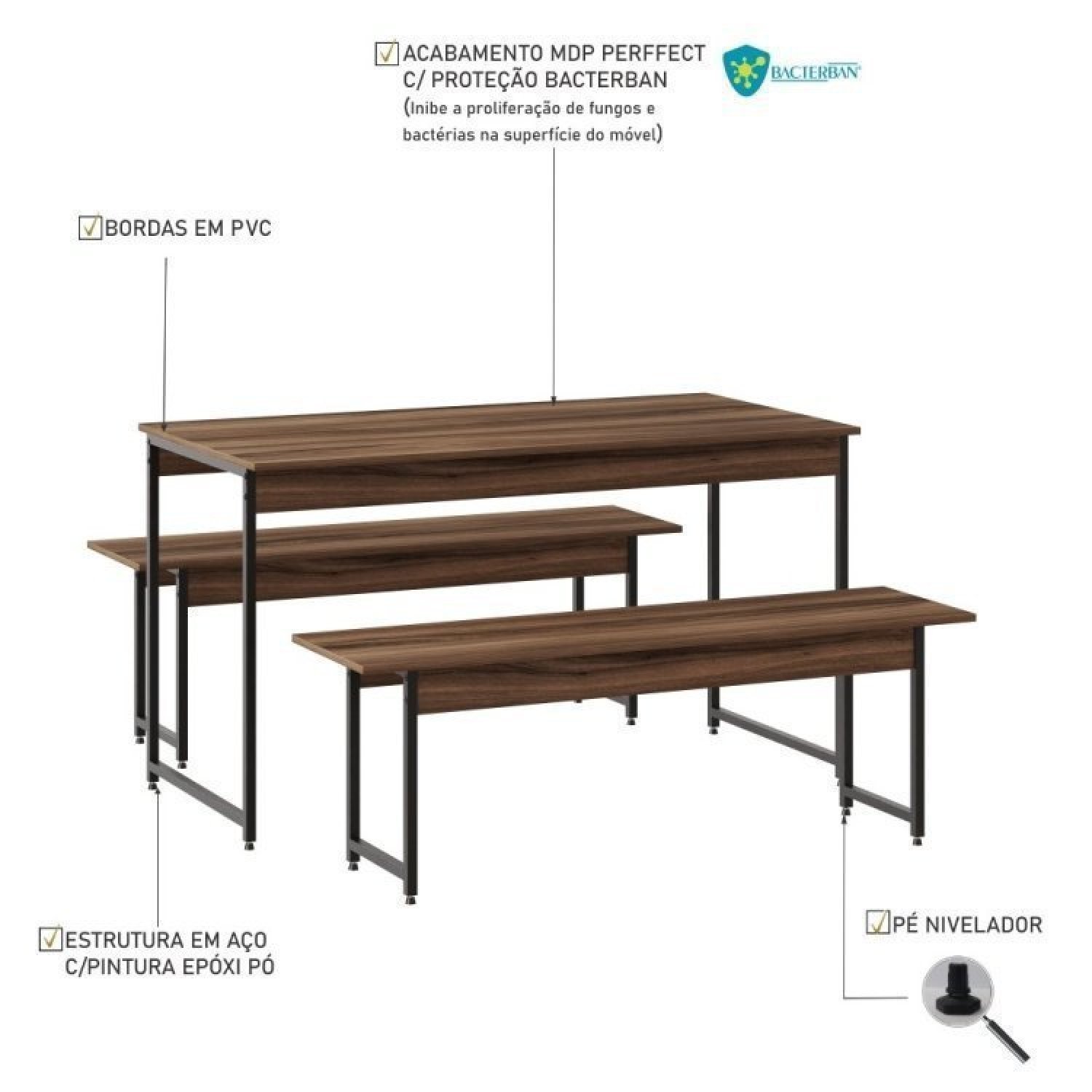 Conjunto Mesa de Jantar com 2 Banco e 2 Cadeiras Eames Base Madeira Espresso Móveis - 3