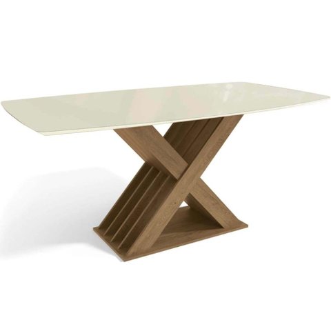 Mesa de Sala Jantar Graviola C/tampo Madeirado C/ Vidro 90x170cm Nogueira/off White/vidro Off White