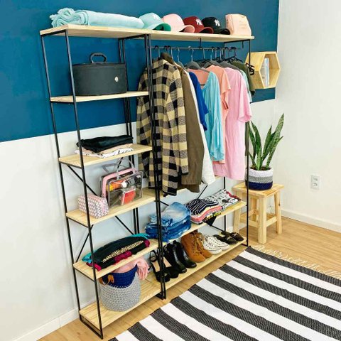 Armário Arara Closet Completo Modular Ample Natural e Preto