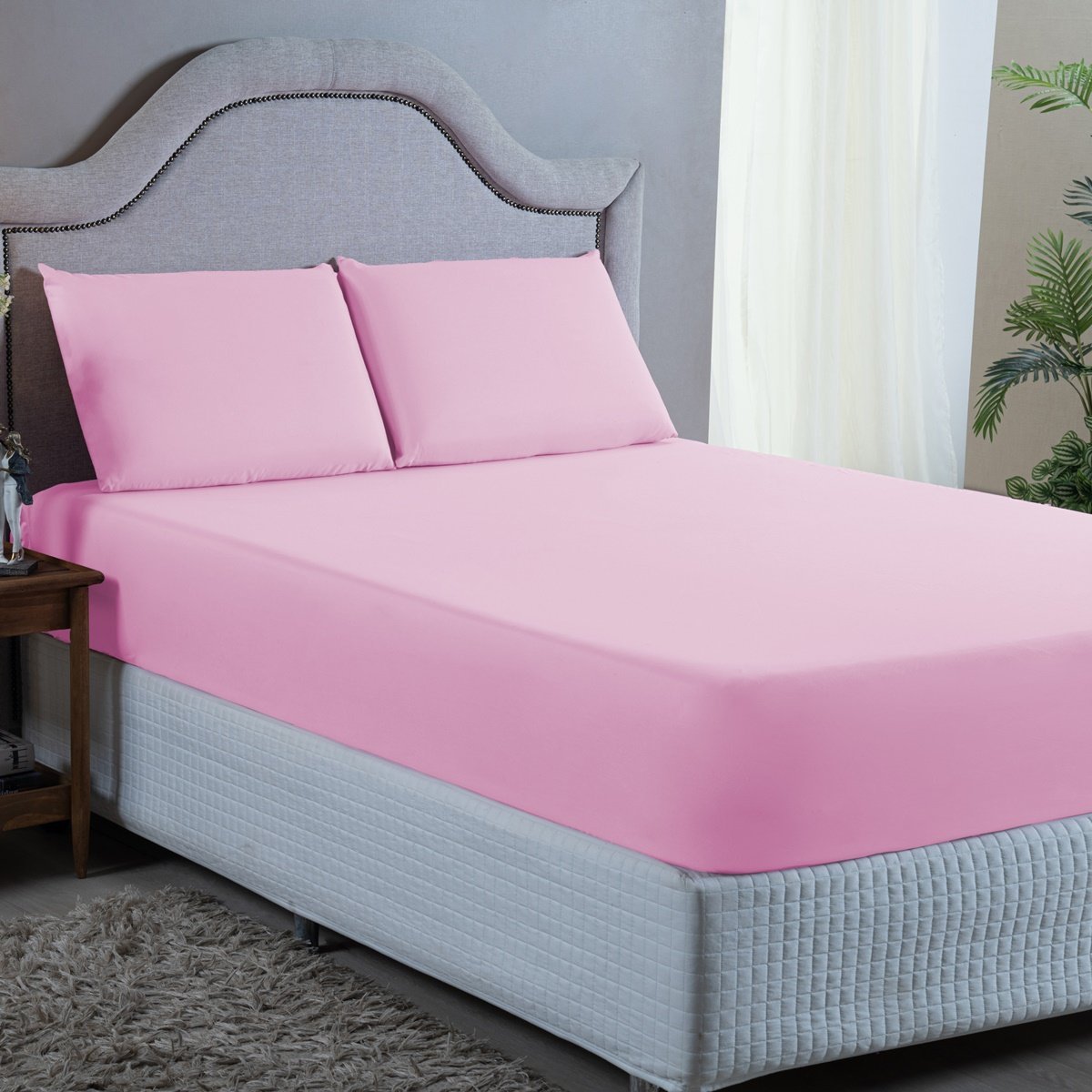 Jogo de Cama King 3 Pç Lençol + Fronhas Premium Micro Percal 400 Fios Liso Rosa - 1