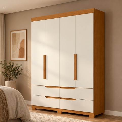 Guarda-Roupa Solteiro 4 Portas 4 Gavetas Doble Cinamomo Off White