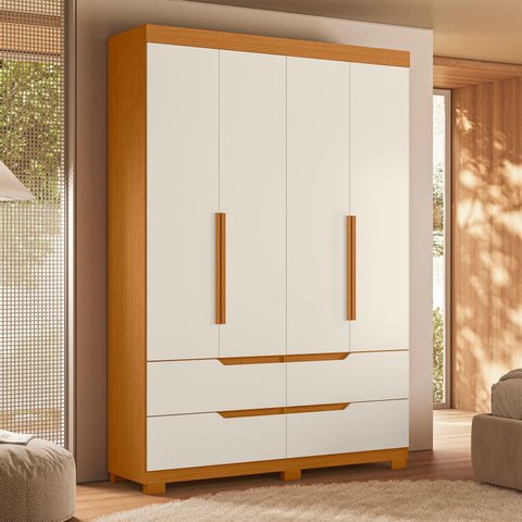 Guarda Roupa Solteiro 4 Portas 4 Gavetas Doble Marrom/Cinamomo/Off White
