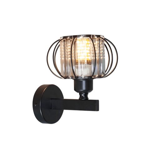 Arandela Metal e Cristal Preto Redonda 1e27 14,5cm