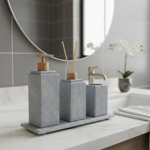 Kit Banheiro Bancada Lavabo Luxo em Pedra Sabão 4 Peças - Amadeirado