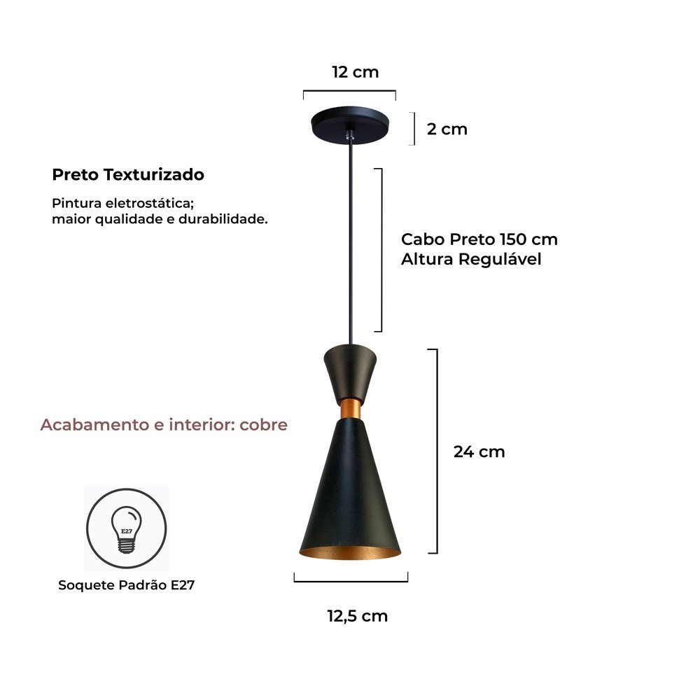 Kit 3 Luminária Pendente Mini Pequim 24Cm Balcão Bancada Cor:Preto 24 Cm - 3