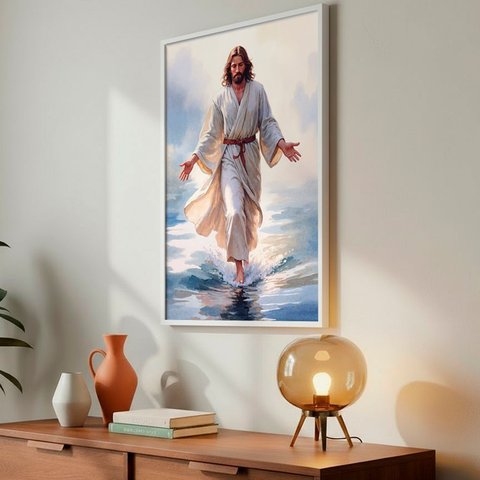 Quadro Decorativo Jesus sobre As Águas Cor:moldura Branca;título:42x62 sem Vidro Acrílico