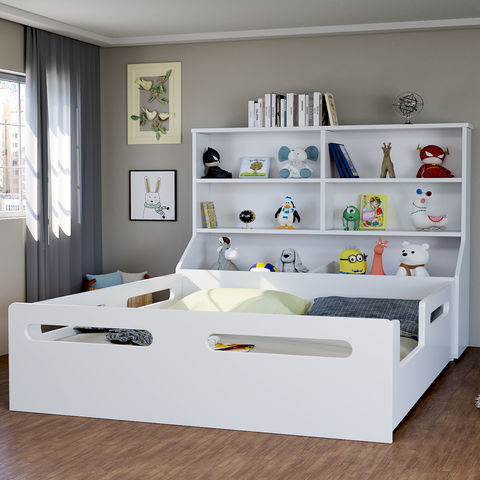 Cama Montessoriana Casal com Cabeceira Organizadora de Brinquedo Estante e Baú