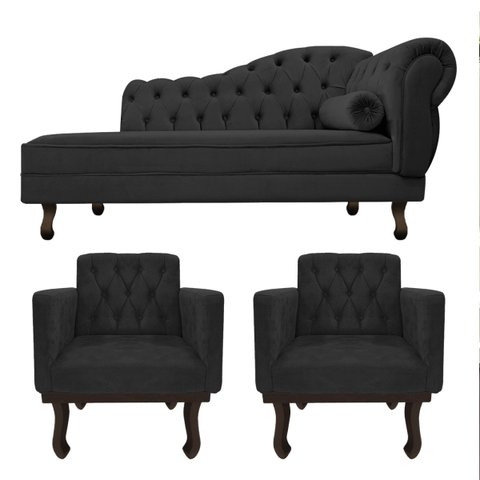 Kit Diva Recamier Diana 140cm Lado Esquerdo e 02 Poltronas Classic Linho Cinza Escuro - ADJ Decor