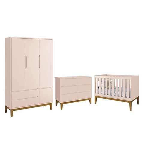 Dormitório Completo Infantil Classic 3 Portas, Cômoda 6 Gavetas e Berço Rosa Fosco com Pés Amadeirad