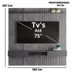 Painel Bless 1.9 Ripado Com Prateleira 25mm Para Tv Até 75 Polegadas Lukaliam Móveis - Cimento - 2 Painel Bless 1.9 Ripado Com Prateleira 25mm Para Tv Até 75 Polegadas Lukaliam Móveis - Cimento - 2