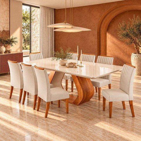 Conjunto Sala de Jantar 8 Lugares Retangular Tampo em Vidro e MDF Mazara Yescasa Bege/Mel/Off White