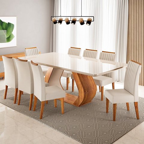 Conjunto Sala de Jantar 8 Lugares Retangular Tampo em Vidro e MDF Mazara Yescasa Bege/Mel/Off White
