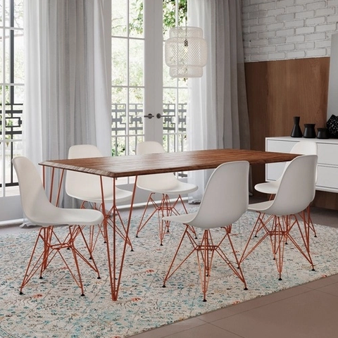 Conjunto de Mesa Eames Clips de Ferro Cobre Tampo Amêndoa 135x75 6 Cadeiras Cobre Assento Branco