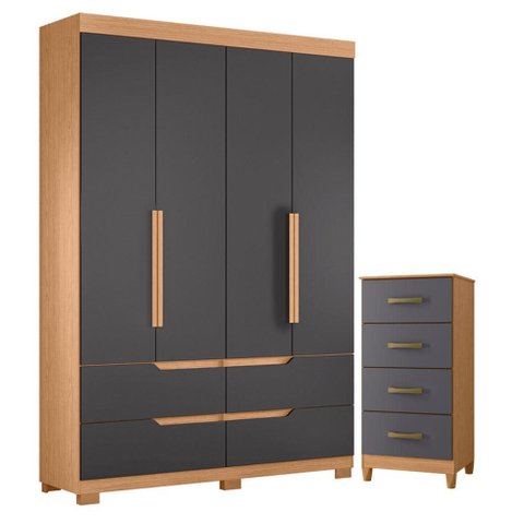 Guarda Roupa Solteiro Doble 04 Portas e Cômoda Mobi Freijo Titanium - Móveis Albatroz