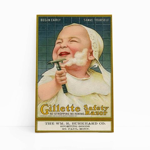 Quadro Barbearia Gillette Bebê Retro Vintage Canvas 120x80cm