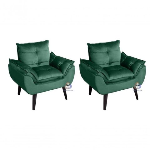 Kit 02 Poltrona/cadeira Decorativa Glamour com Pés Quadrado Verde Veludo