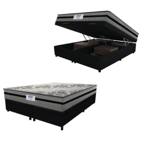Cama Box Baú Casal Queen Colchão Gazin com Molas Ensacadas Rubi 158x198x73cm Suede Preto/cinza