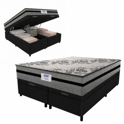 Cama Box Baú Casal Queen Colchão Gazin com Molas Ensacadas Rubi 158x198x73cm Suede Preto/Cinza