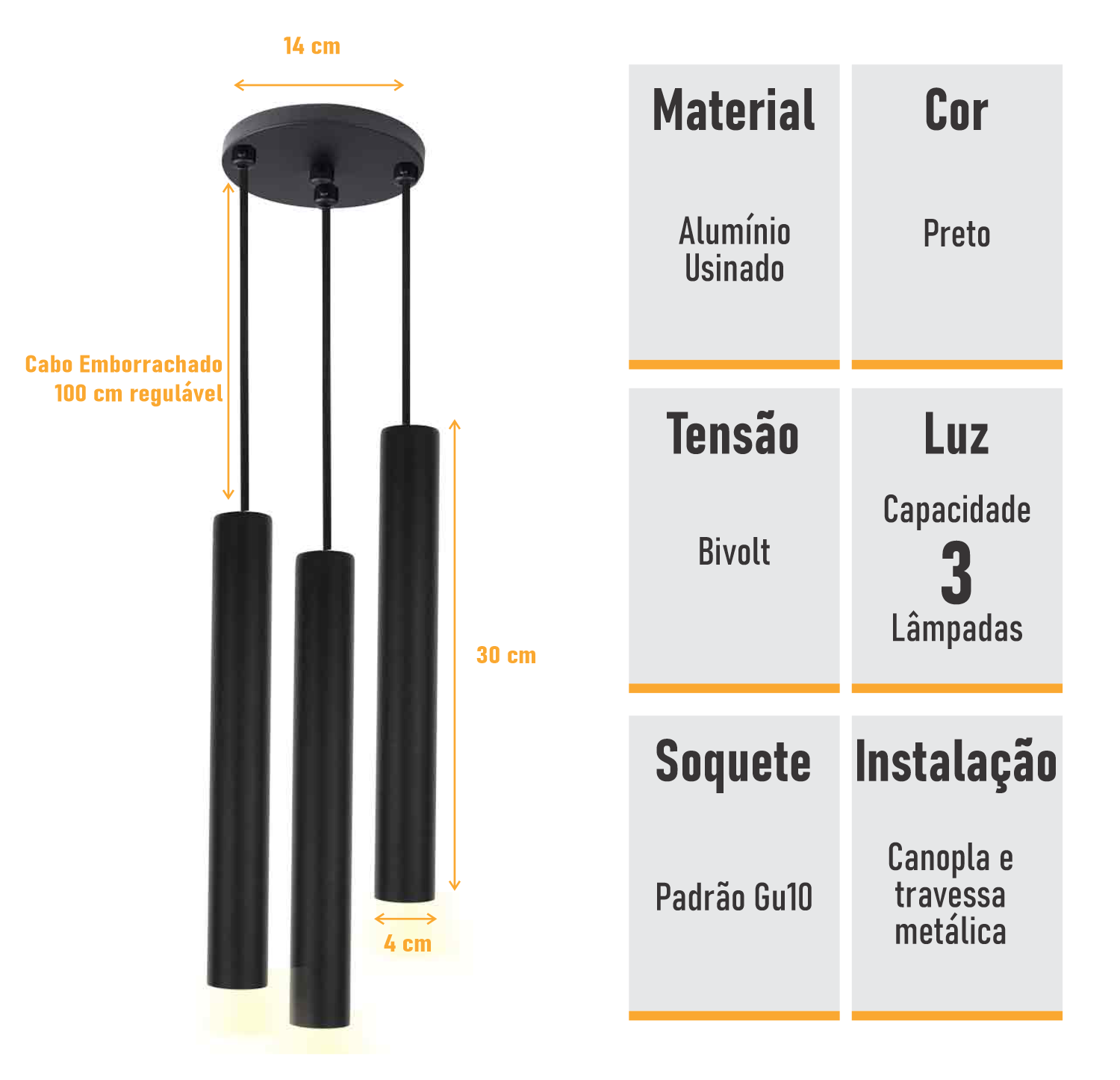 Pendente Triplo Tubo Palito Moderno 30cm Preto - 2