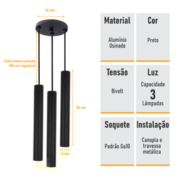 Pendente Triplo Tubo Palito Moderno 30cm Preto - 2
