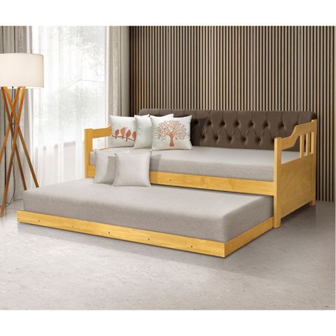Bicama Dublin Estofado Capitonê Veludo Marrom Madeira com Cama Auxiliar 2 Colchões 
