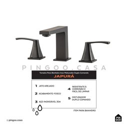 Torneira Para Banheiro Misturador Duplo Comando Aço Inox 304 Japurá Pingoo.casa - Preto - 2