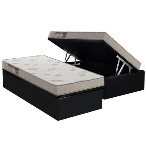 Cama Box Baú Solteiro: Colchão Espuma Ortobom D23 Light Saúde + Base CRC Courano Black(88x188)
