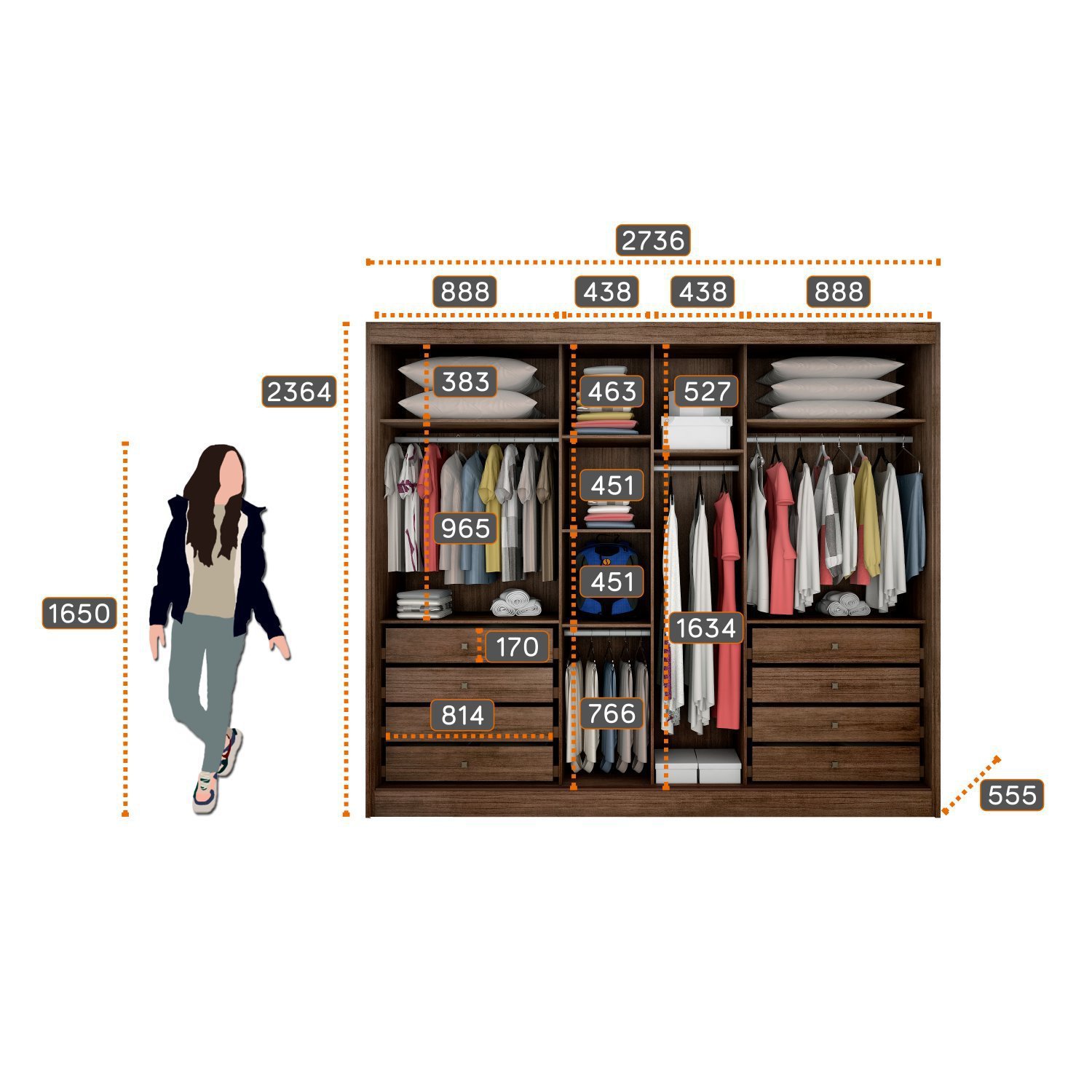 Guarda Roupa Casal com Espelho 3 Portas 8 Gavetas Wood Novo Horizonte - 4