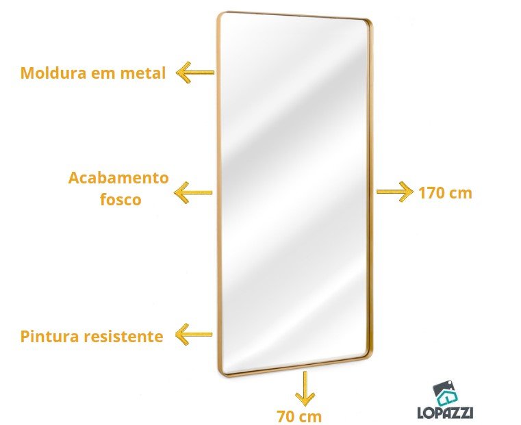 Espelho Retangular com Moldura em Metal Corpo Inteiro170 X 70cm Dourado - 4